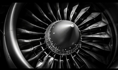 Detailed Monochrome Close-up of Jet Engine Turbine Blades, Industrial Engineering Excellence