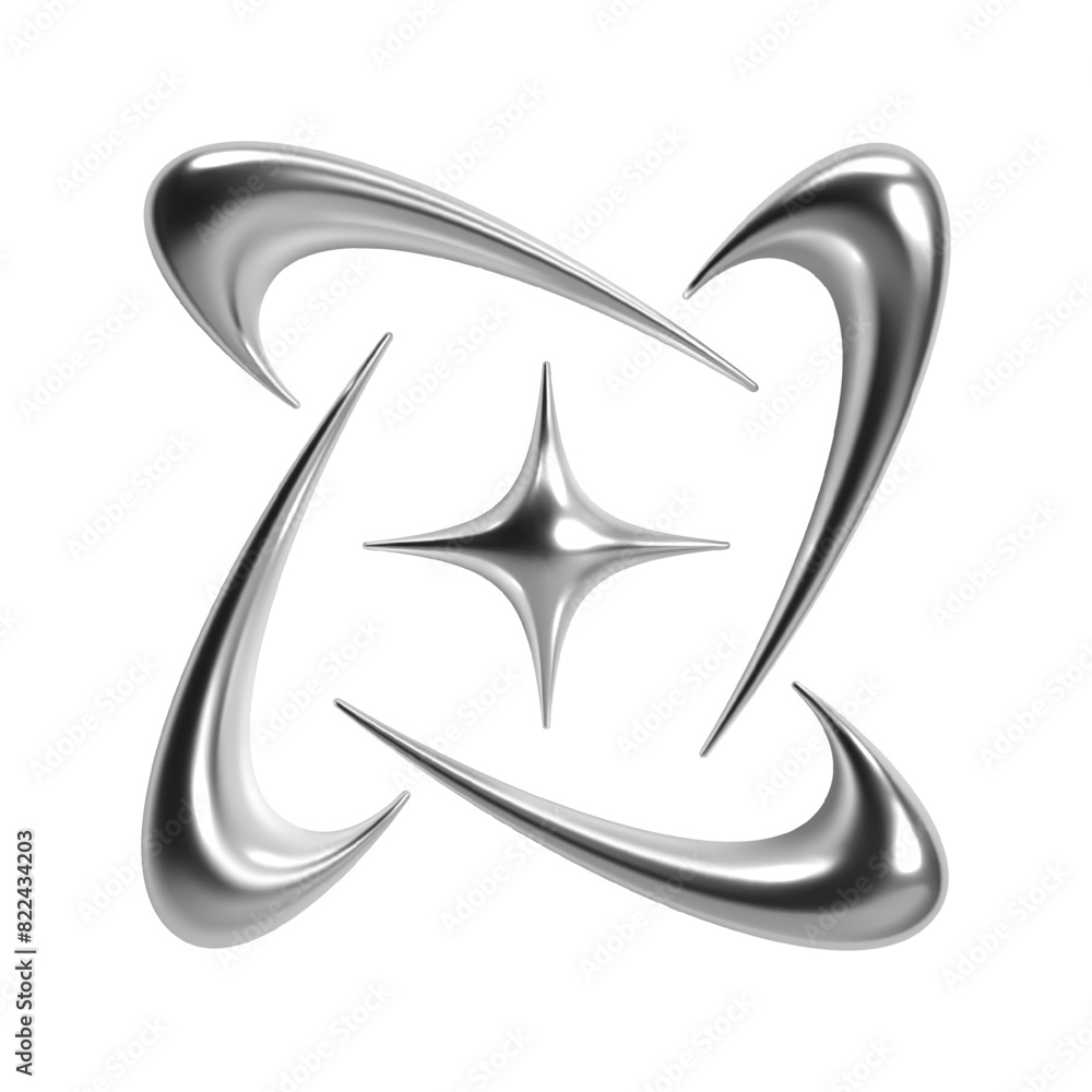 Aufkleber 3d y2k chrome abstract shape with star and curved spikes, spark or flash, shiny metallic glossy silv