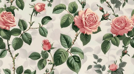 a vintage wallpaper pattern with pink roses and green leaves on light grey background,