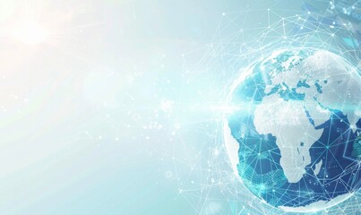 Light blue background with a digital globe and world map in the style of technology concept banner for global network or connectivity Generative AI