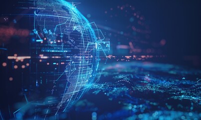 Obraz premium A blue background with a digital map and globe, depicting a technology concept banner design Generative AI
