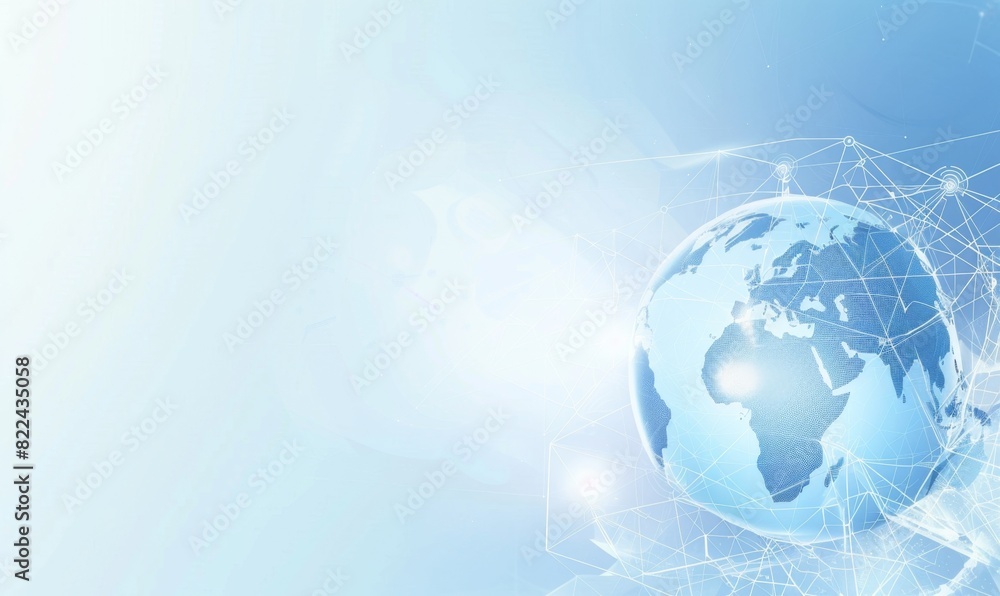 Aufkleber a blue background with a digital globe and global network connections on the right side, representin