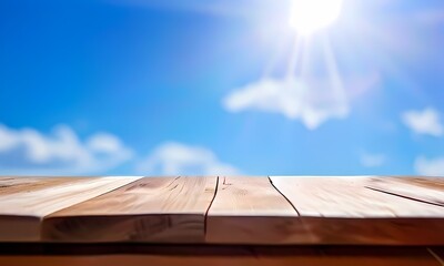 Wooden tabletop empty and ready for product display sunlight casting warm soft focus bokeh effect, Ai generated