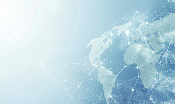 Fototapeta A light blue background with a digital world map and global network connections, representing the concept of international business or connectivity Generative AI