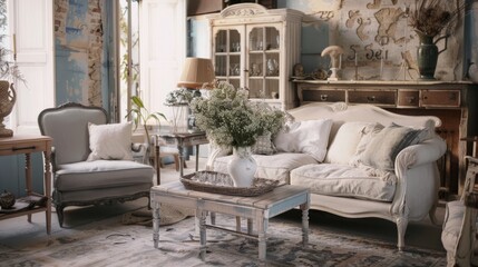Living room interior design, consider including shabby chic elements in the composition, such as vintage furniture, worn textiles or aged details. generative ai