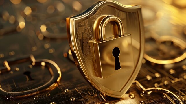 Golden padlock, shield shaped, password security, identification by safe technology for privacy and confidential data network