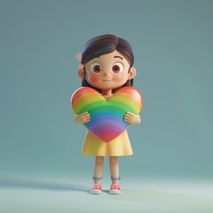 3D female character holding a rainbow-colored heart, standing proudly