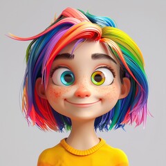 Fototapeta premium 3D female character with rainbow streaks in her hair, smiling brightly