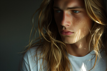 Close-up portrait of a very handsome man with green eyes, freckles, and long blond hair, wearing a white t-shirt - copy space, isolated, dark background
