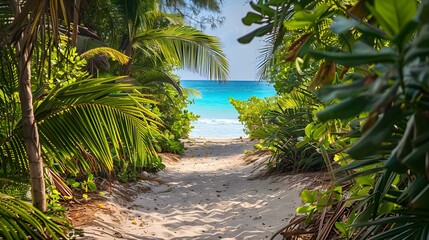 Obraz premium Sandy path leading to a tranquil, turquoise beach framed by lush green tropical plants