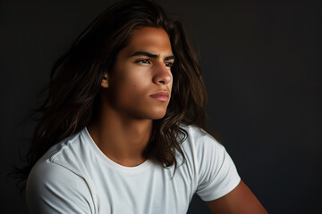 Close-up portrait of a very handsome young hispanic / latino man with long dark hair, brown eyes, and a white t-shirt - isolated, dark background, copy space