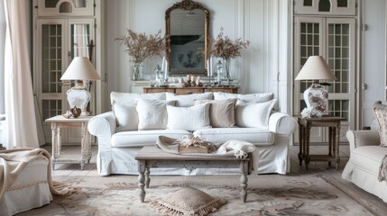 Living room interior design, consider including shabby chic elements in the composition, such as vintage furniture, worn textiles or aged details. generative ai