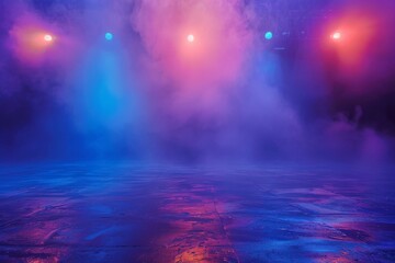 Spotlights shine on the stage floor in a dark room, mist floats around, concept for background, scene simulation photo