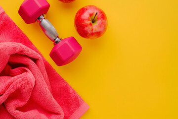 Pink dumbbells, towel and red apple on yellow background.concept of female training and healthy life