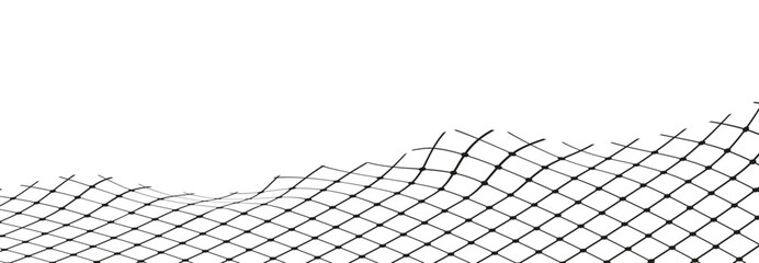 Illustration of a black fishing or football net.Checkered wavy background in doodle style.