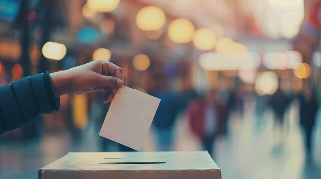 Hand placing voting ballot in ballot box on blurred polling place, concept of a person voting during elections