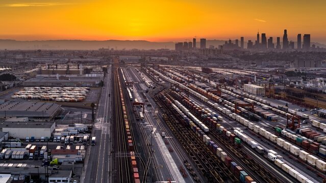 4K Ultra HD Image: Aerial Shot of Intermodal Train and Trucking Distribution Yard in Vernon, California