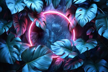 Circle made of blus neon light on green jungle leaves background
