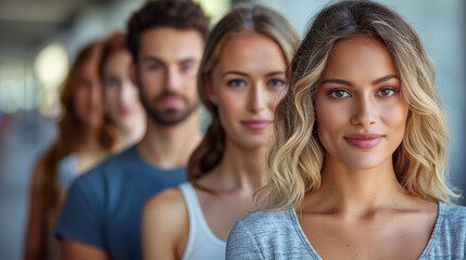 Obraz premium portrait of a group of different women and men standing in a row looking at the camera, a business people team working together concept