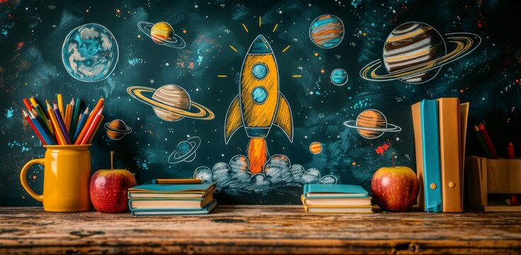 Chalkboard with vibrant drawing of a rocket and planets, surrounded by school supplies