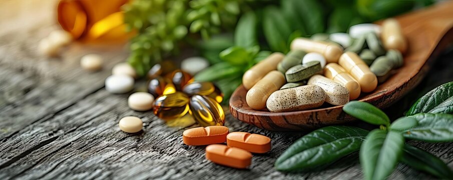 Close-up of various capsules and tablets on wooden spoon, accented by green leaves, against bright background, showcasing natural supplements.