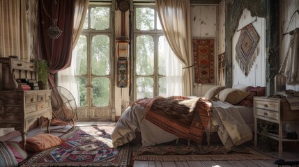 textile elements such as rugs, curtains or bedspreads that complement the boho style and rustic interior design of the bedroom. generative ai