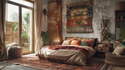 textile elements such as rugs, curtains or bedspreads that complement the boho style and rustic interior design of the bedroom. generative ai