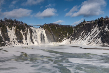 Panoramic view of Montmorency Falls in winter