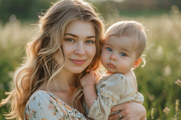 A beautiful woman holds a small child in her arms. Mothers Day. The happiness of motherhood
