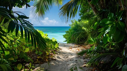 Sandy path leading to a tranquil, turquoise beach framed by lush green tropical plants
