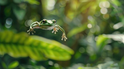 Close up Exotic green frog jumping on forest background