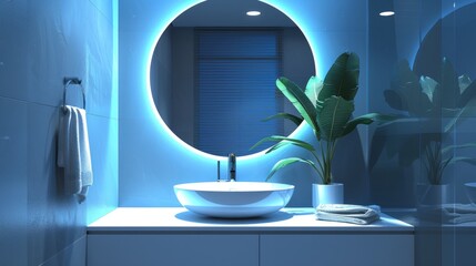 round mirror in the composition to contextualize the sink and countertop. generative ai