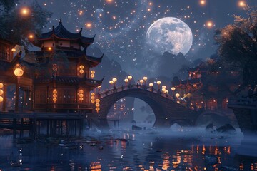 Chinese Ancient Architecture under the Moon at Night, Wallpaper, Festival Concept