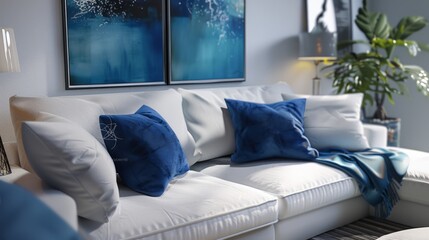 white sofa with blue cushions to contextualize the decoration pieces. generative ai