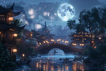 Obraz premium Chinese Ancient Architecture under the Moon at Night, Wallpaper, Festival Concept