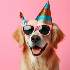 Cute happy dog wearing party hat and sunglasses