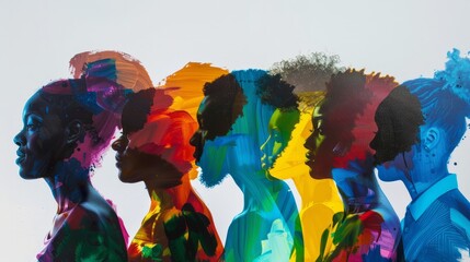 Multicultural people silhouettes painted with colorful paint