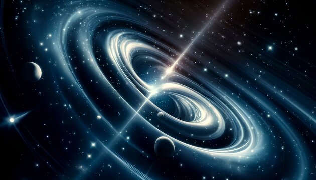 the artistic image depicting the refraction of light through gravitational lensing, showing light bending around massive objects like star clusters or galaxies and causing distortion of the images beh