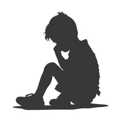 Silhouette sad little boy sitting alone depressed sitting black color only