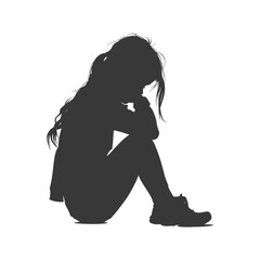Silhouette sad little girl sitting alone depressed sitting black color only