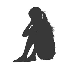 Silhouette sad little girl sitting alone depressed sitting black color only