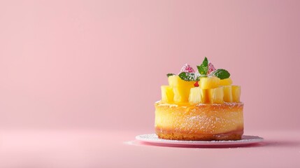 Delicious pineapple cheesecake on a pink background. Perfect dessert for any occasion, garnished with fresh pineapple and mint leaves.