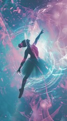 Silhouette of a ballerina dancing in abstract light with blue and pink colors