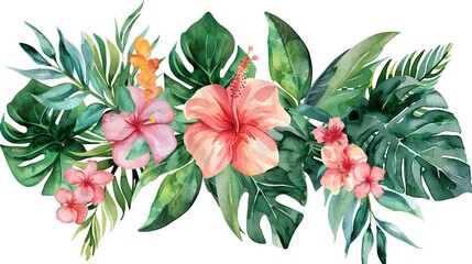 Bouquets greeting or wedding card decoration, Watercolor of Tropical spring floral green leaves and flowers elements ,floral background with tropical flowers