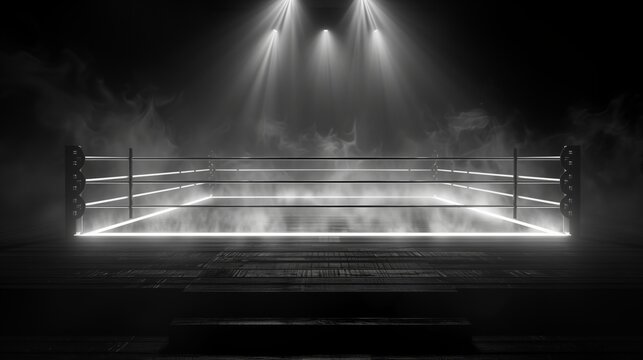 Black and white image of a boxing ring with ropes and corner posts
