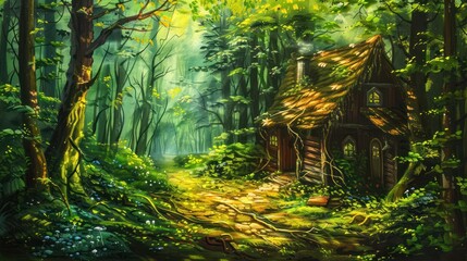 Fantasy oil painting hut on magical forest background.