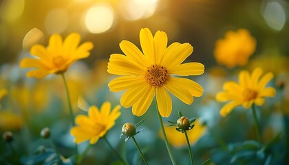 Beautiful yellow flowers in the meadow. Nature background. Soft focus.