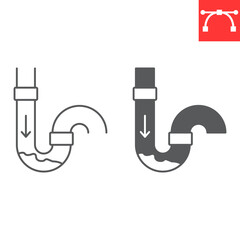 Drain cleaning line and glyph icon, plumbing service and household repair, clogged pipe vector icon, vector graphics, editable stroke outline sign, eps 10.