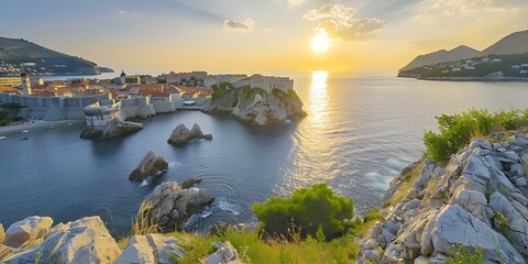 General view of Dubrovnik old town and fortresses by the Adriatic Sea. Concept Travel Photography, European Landmarks, Coastal Views, Historical Architecture, Adriatic Coast