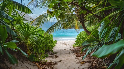 Sandy path leading to a tranquil, turquoise beach framed by lush green tropical plants